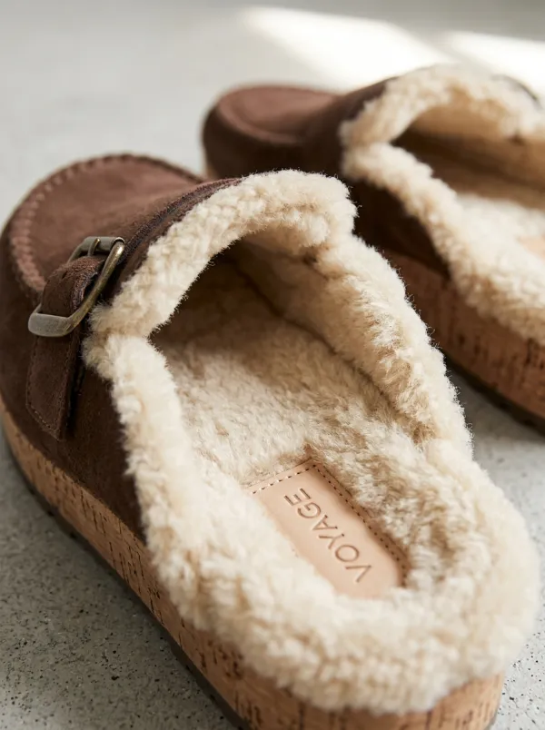 Women's Outdoor Faux Fur Lined Buckle Detail Suede Wood Sole Loafers