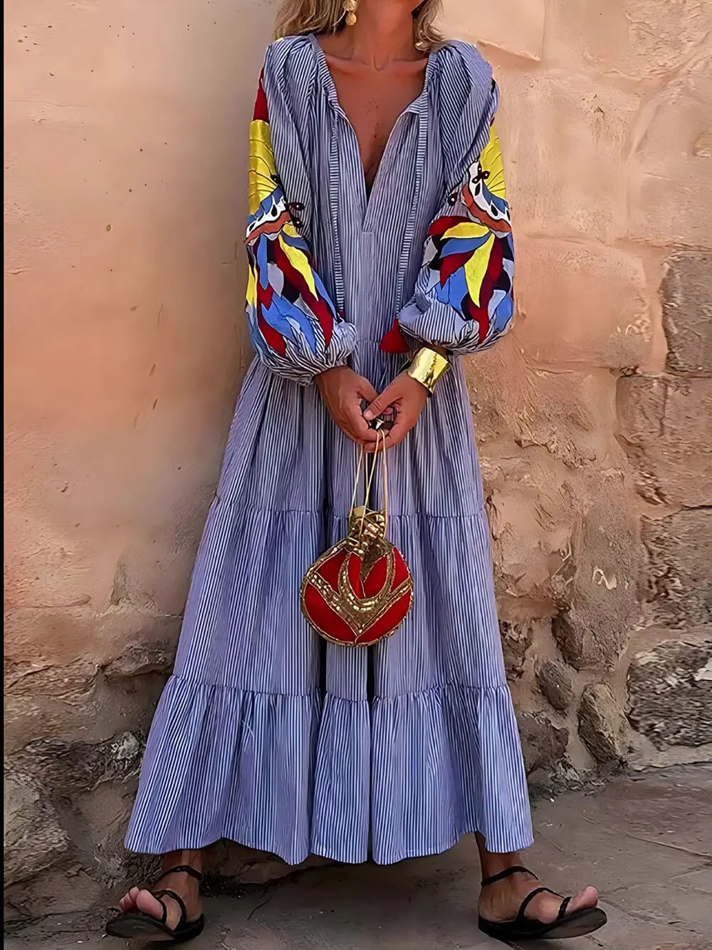 Peacock Pattern Stripe Print Maxi Dress