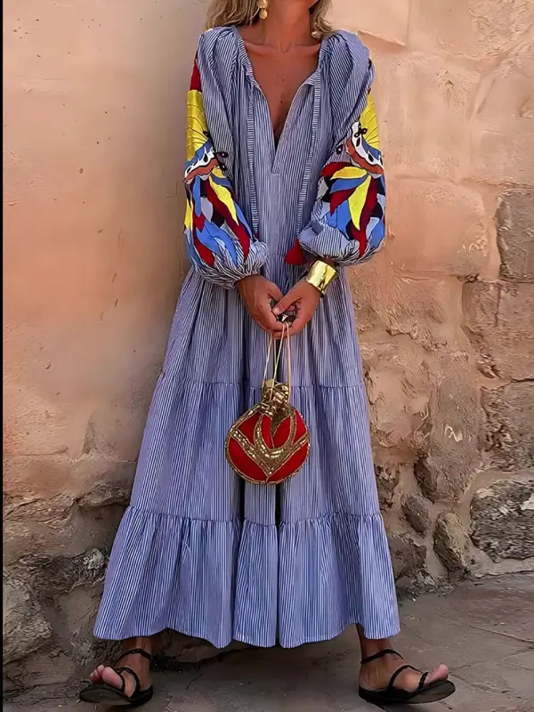 Peacock Pattern Stripe Print Maxi Dress
