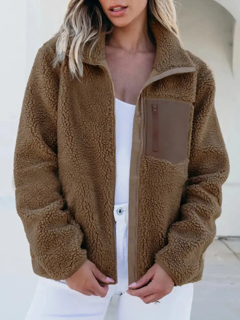 Plush Zip Front Pocketed Casual Jacket