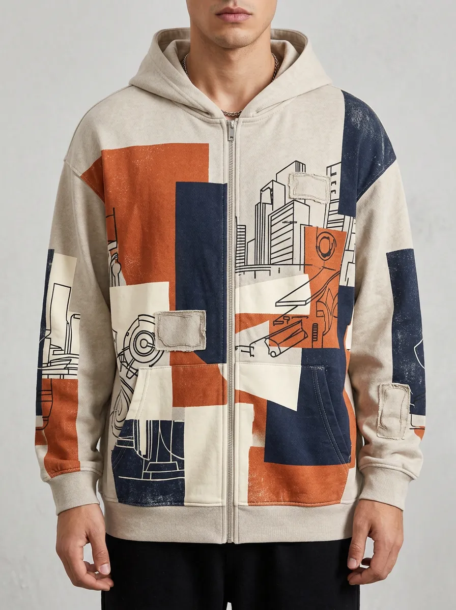 Men's Urban Cityscape Abstract Patchwork Printed Zip-up Hoodie