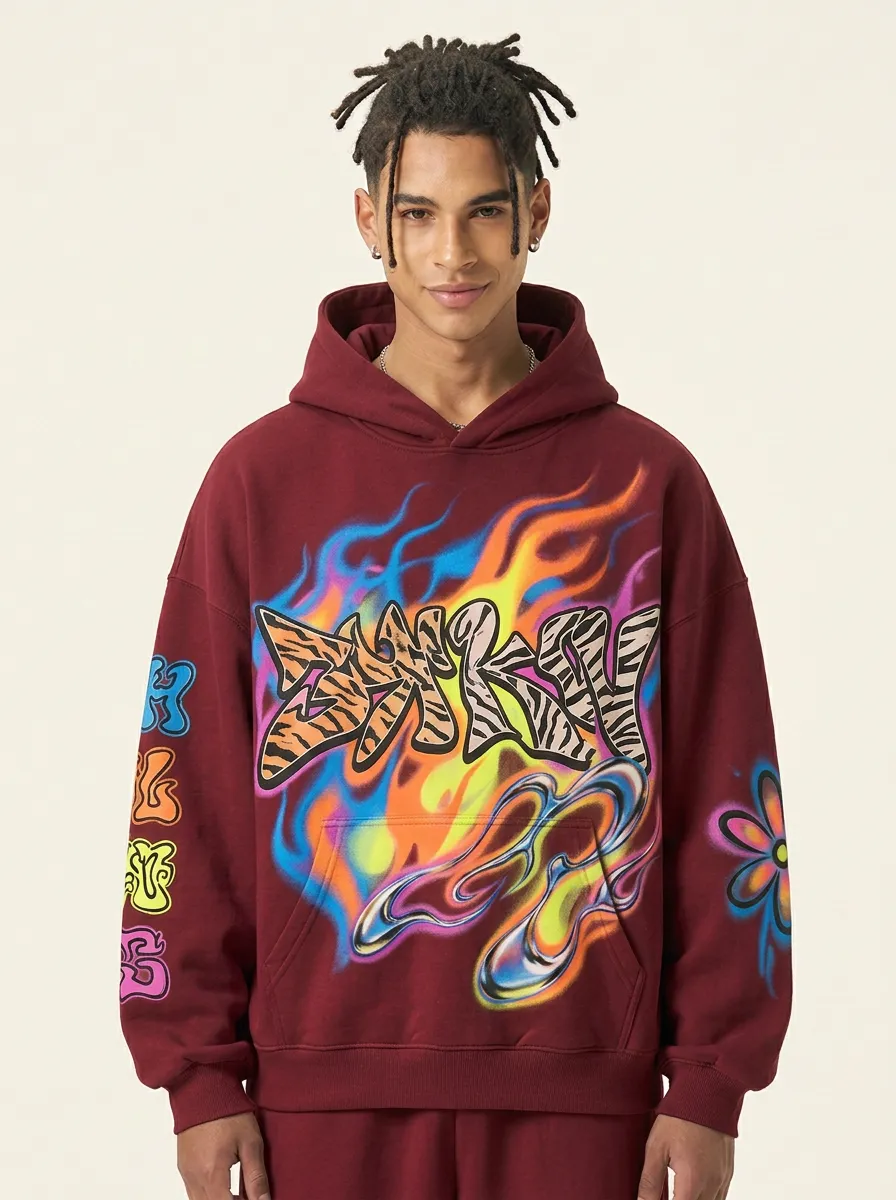 Unisex Graffiti Tiger Print Airbrush Flame Graphic Hoodie