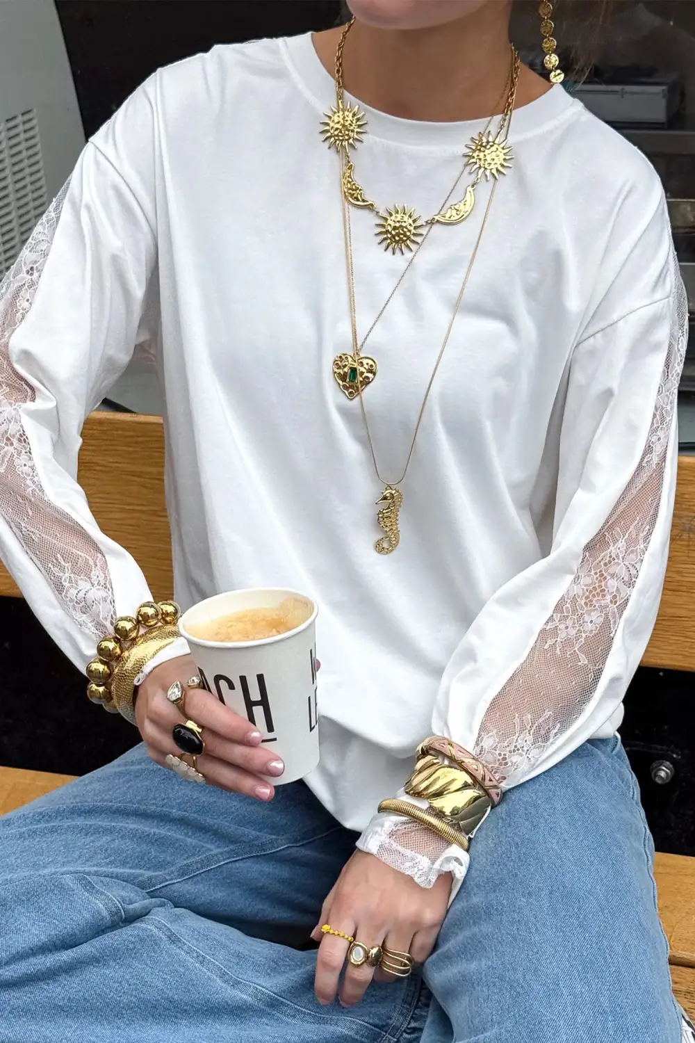 Patchwork Round Neck Relaxed Viscose Blend Long Sleeve Top