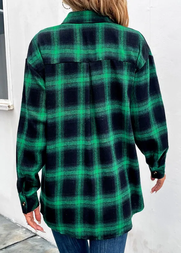 Green Button Plaid Long Sleeve Shirt Collar Coat
