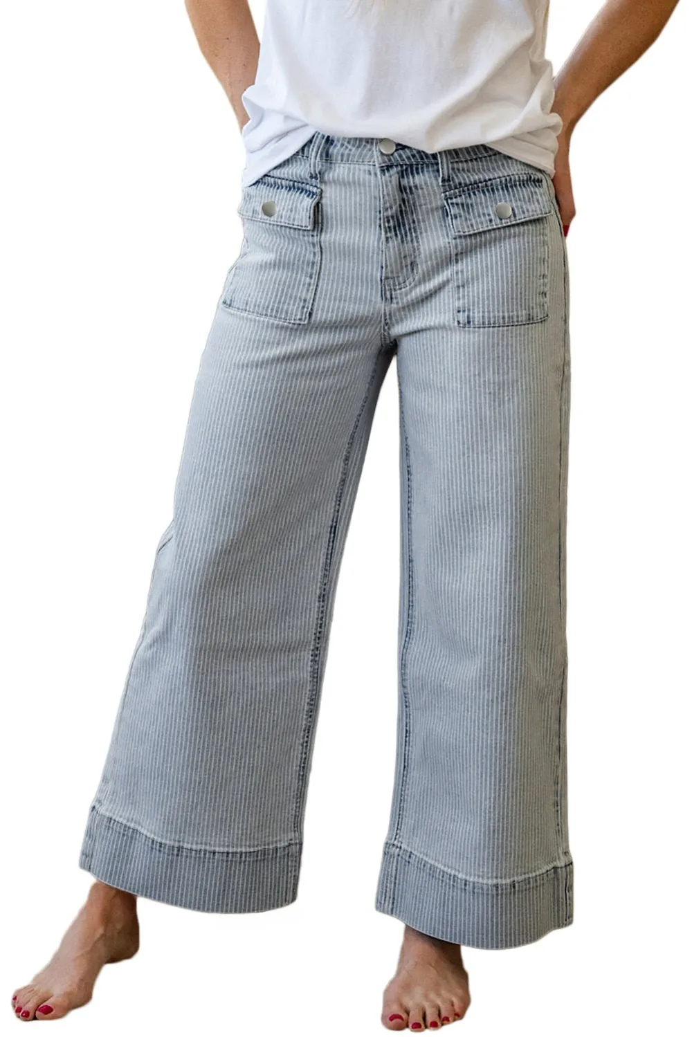 Striped Wide Leg Cuffed Hem Patch Pocket Casual Jeans