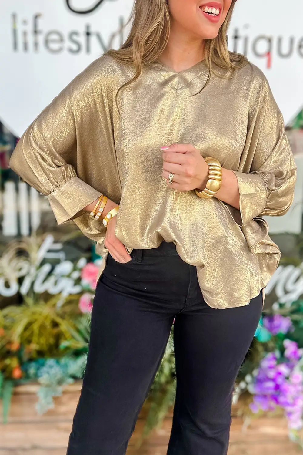Women's V Neck Long Sleeve Metallic Detail Top