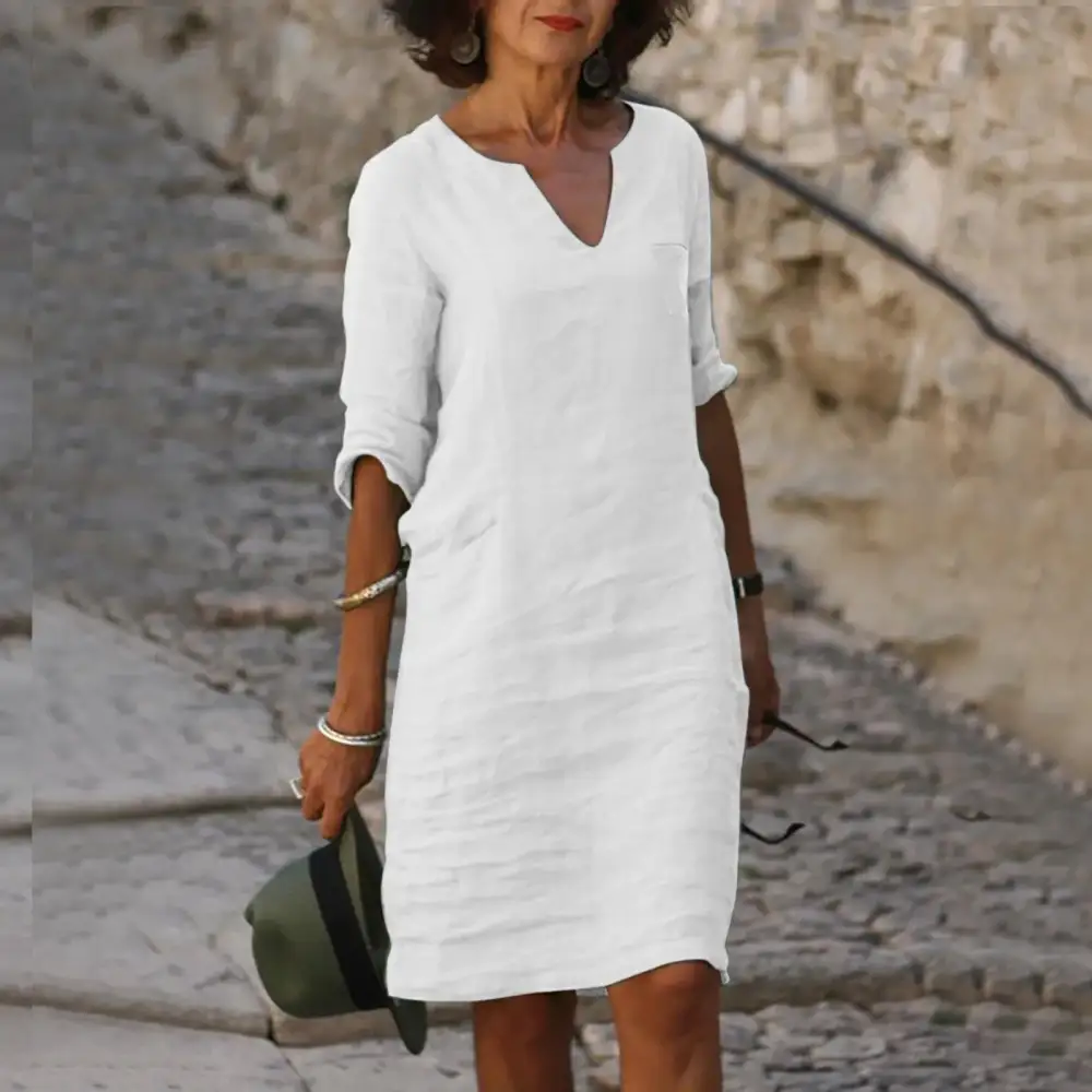 Women's V-Neck Three-Quarter-Sleeve Pocketed Dress