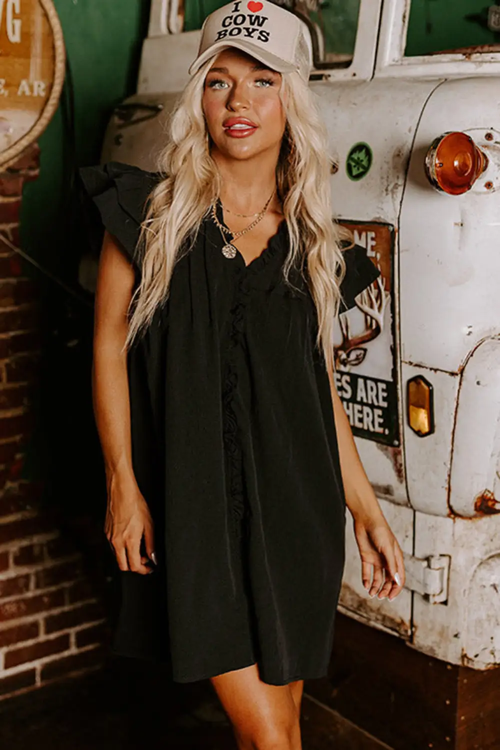 Ruffle Sleeve V Neck Frilled Shift Dress