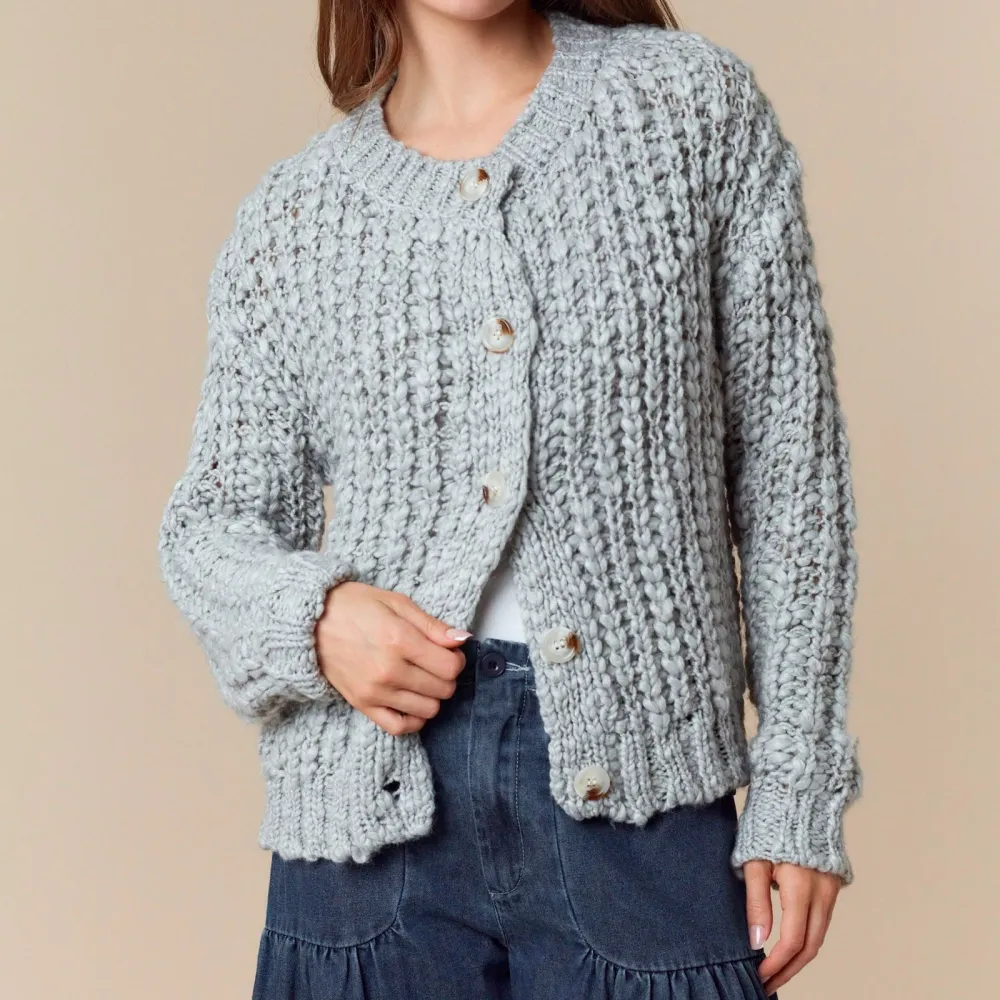 Modern Chunky Knit Button Front Dropped Shoulder Cardigan