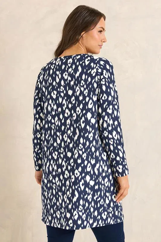 Navy Blue Animal Print Front Pocket Tunic Top