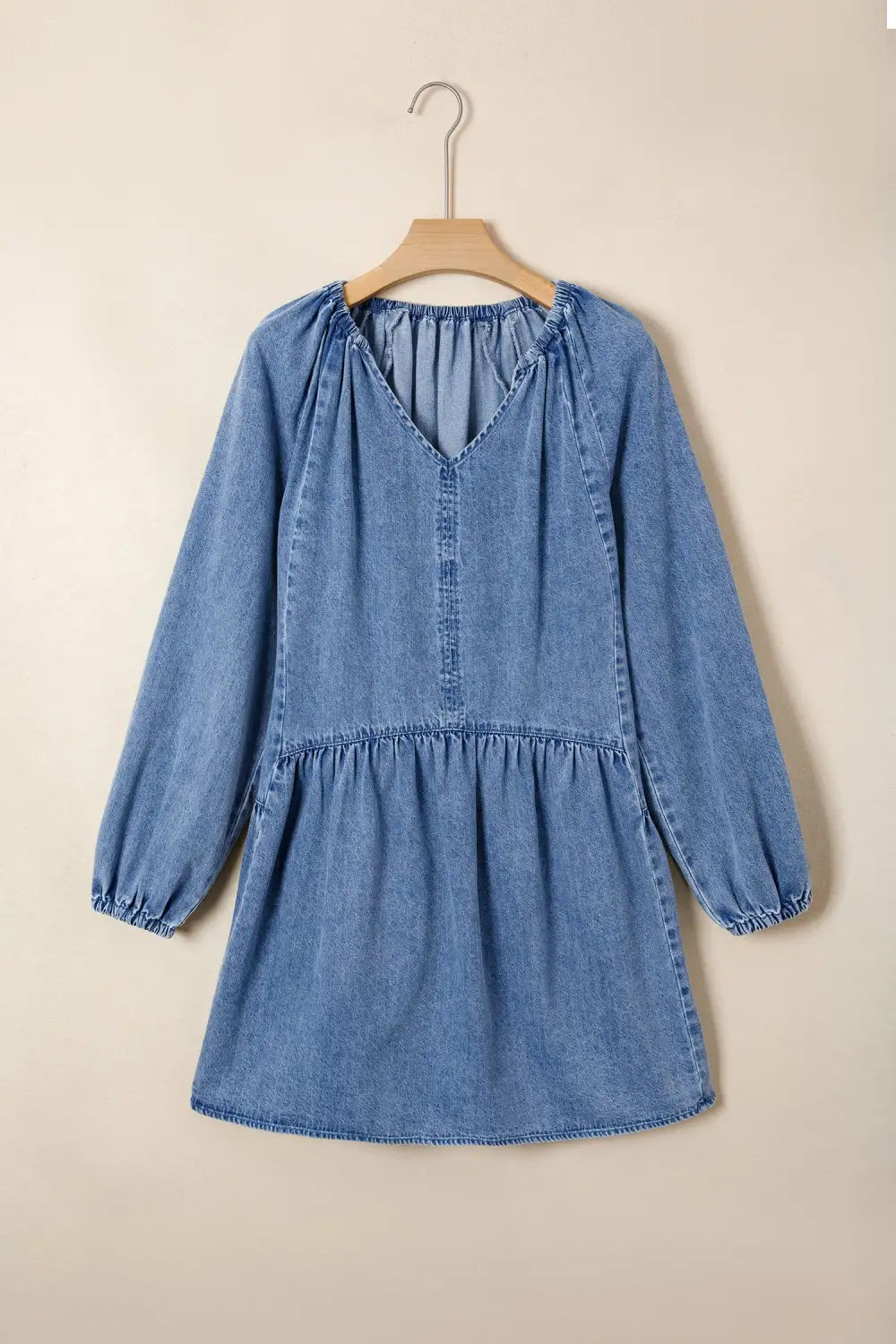 Denim V Neck Ruffle Mini Dress