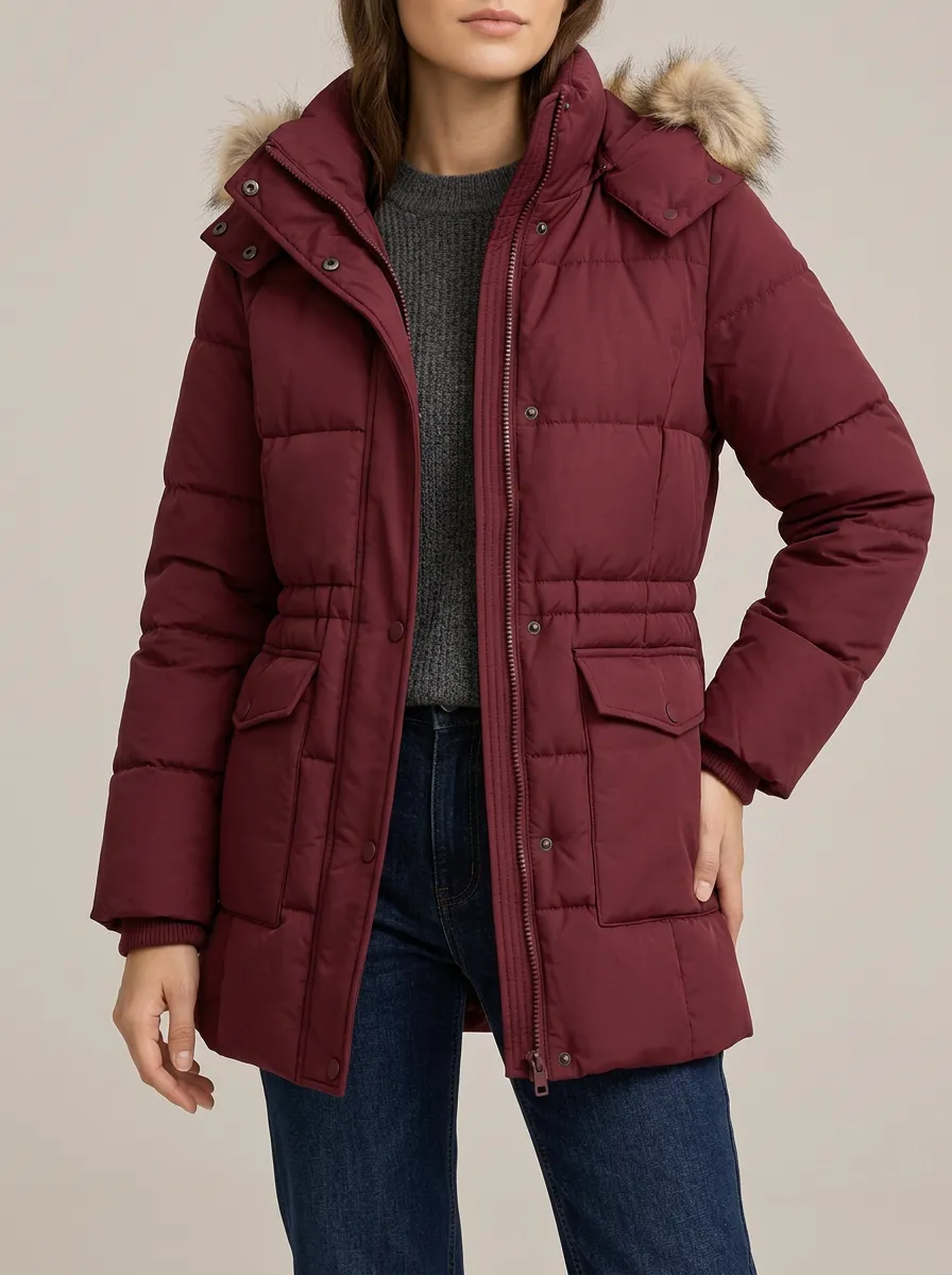 Faux Fur Trim Hooded Burgundy Casual Coat with a everyday feel