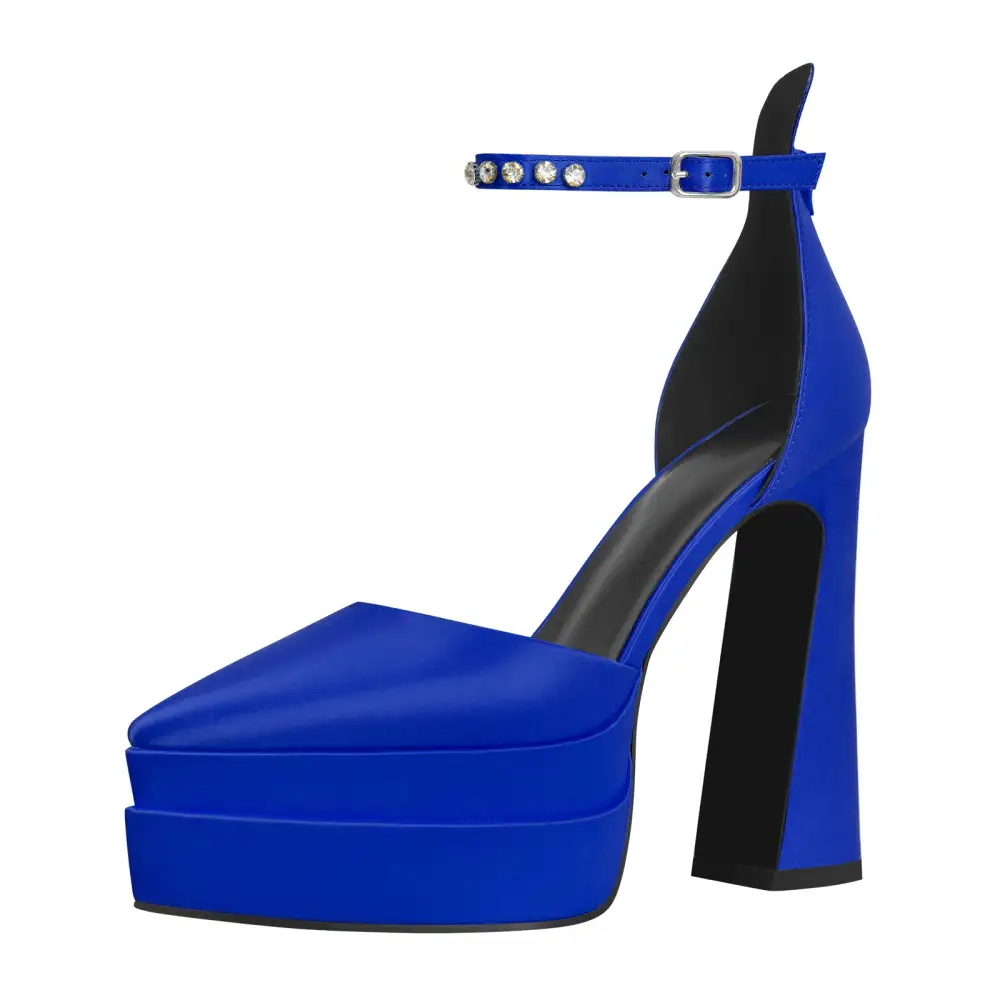 Satin Finish Rhinestone Pointed Toe Double Platform Chunky Heel Pumps