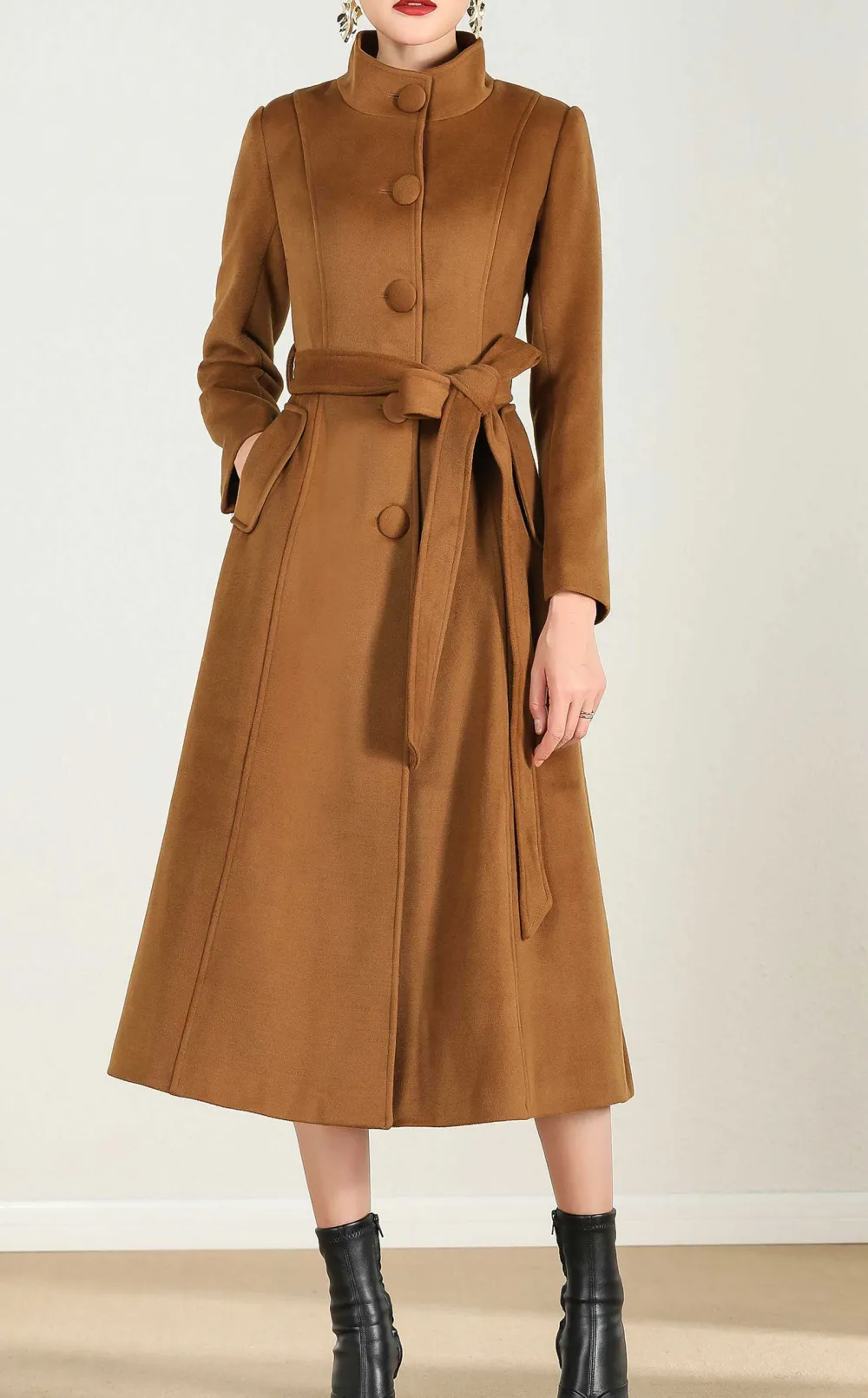 Wool Blend A Line Belted Pocketed Midi Coat