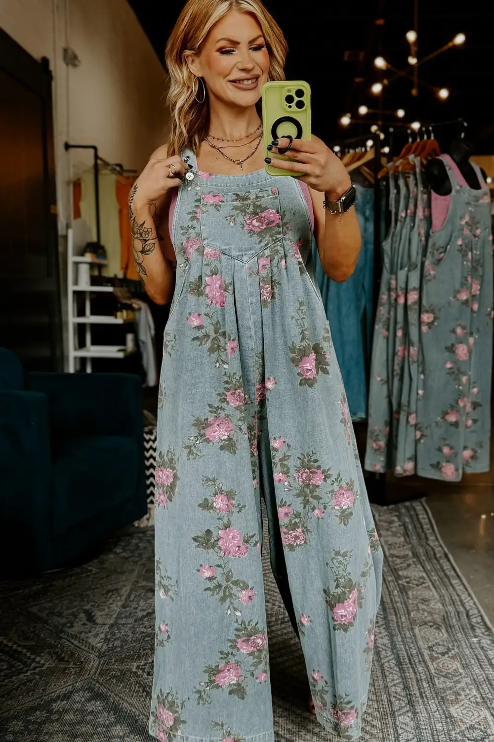 Floral Print Pleated High Waist Wide Denim Pants