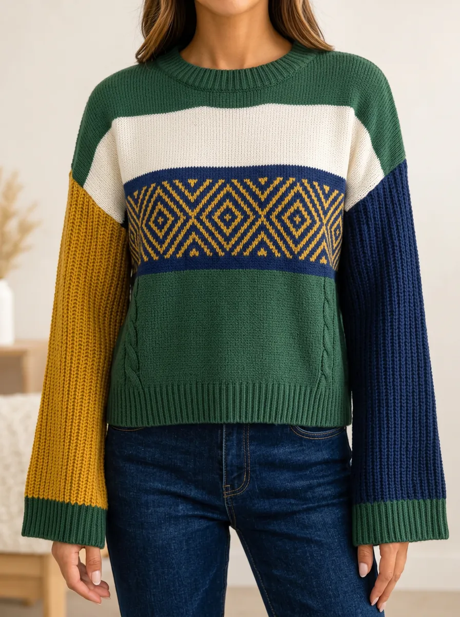Geometric Pattern Meets Soft Knit in a Round Neck Pullover