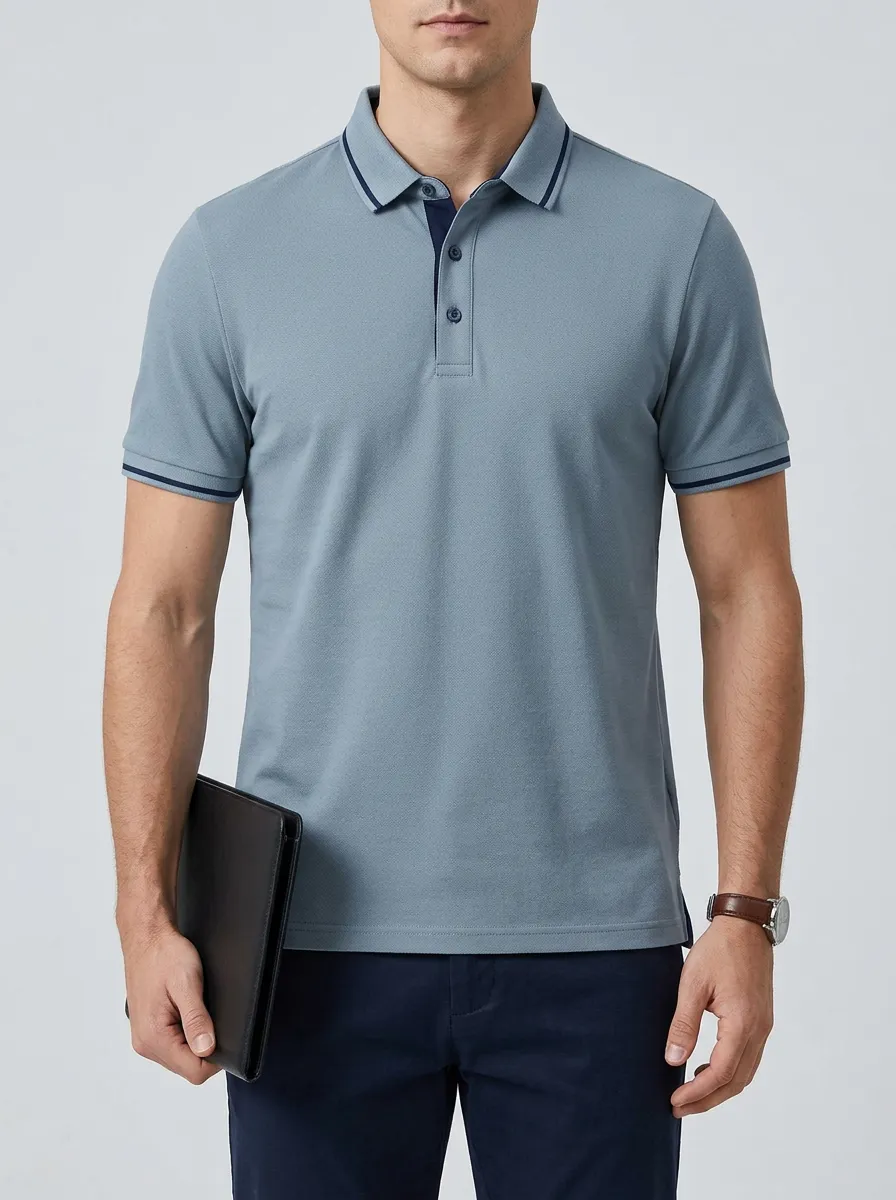 Men's Casual Business Blue Tipped Collar Polo Shirt