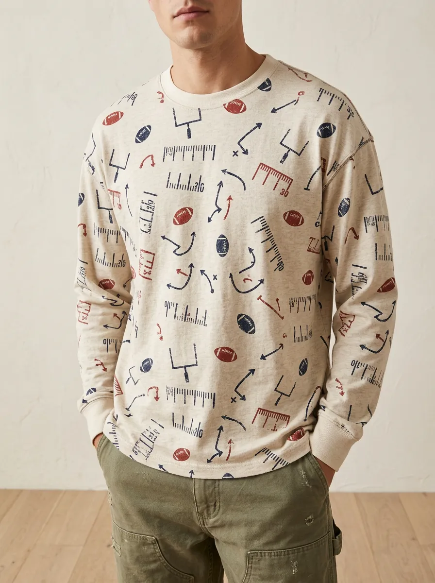 Men's American Football Fan Rugby Ball Pattern Printed Long Sleeve Top