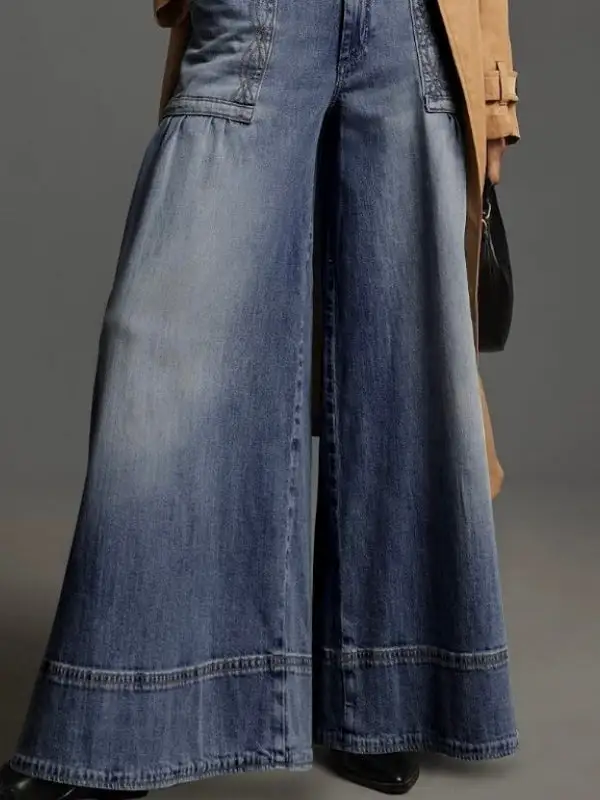 Minimal Wide Leg Seamed Button Detail Zip Detail Pocket Jeans