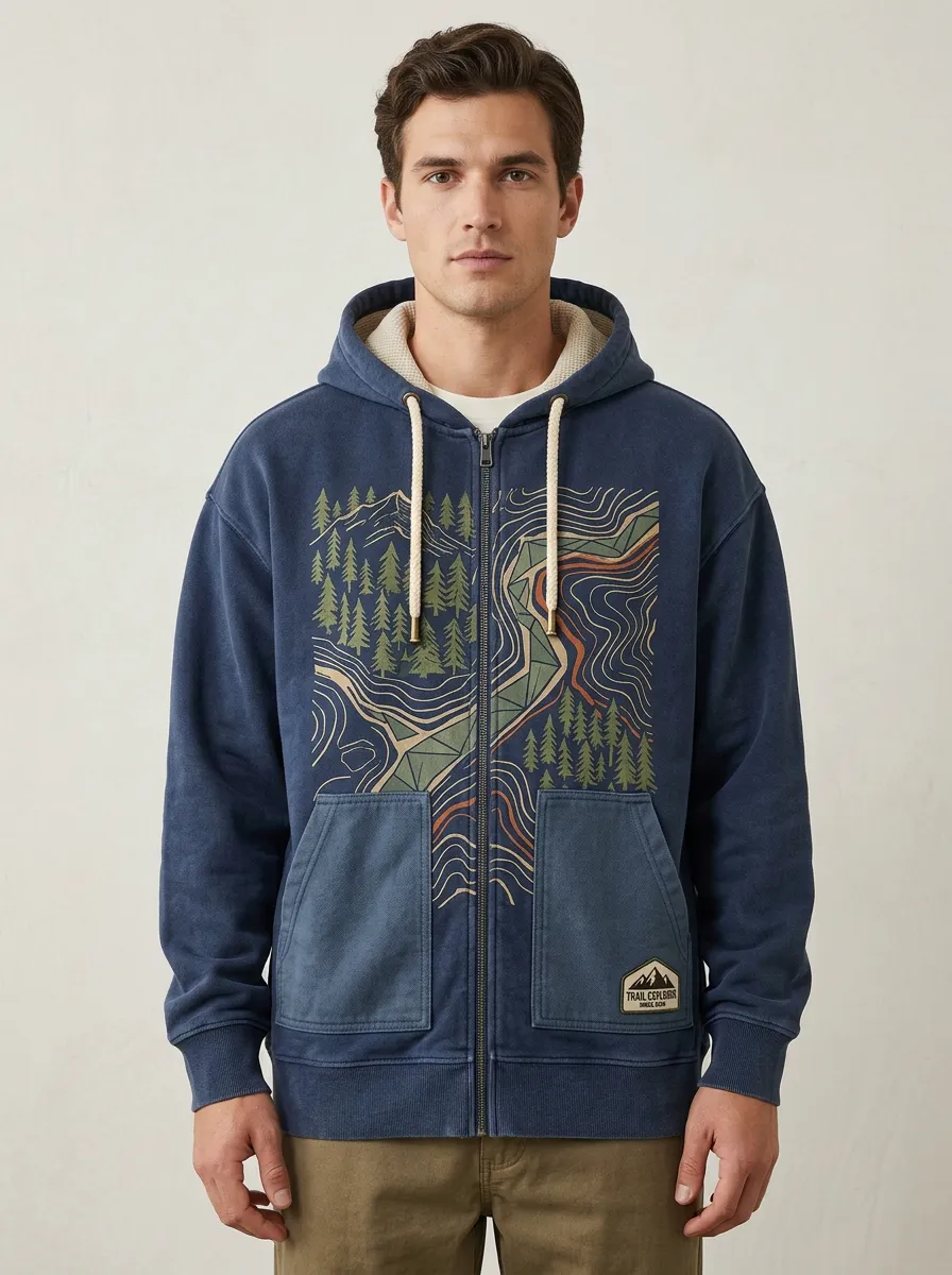 Men's Hiking Nature Lover Topographic Forest Printed Zip Hoodie