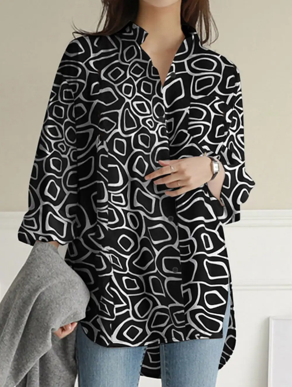 Printed Lapel Long-Sleeved Tunic Top