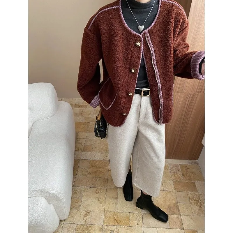 Plaid Patchwork Fleece Casual Outerwear Jacket