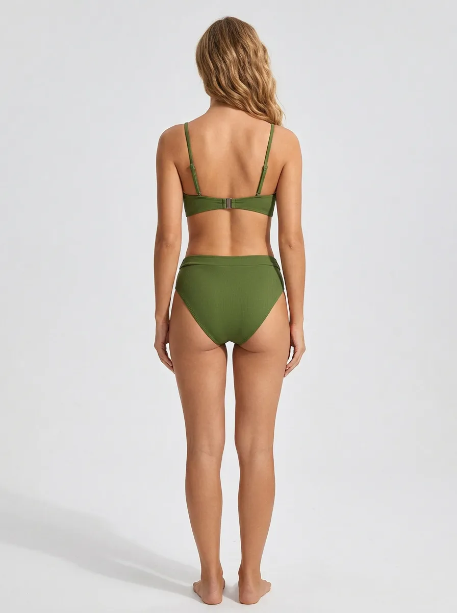 Women's Olive Green Ribbed Twist Front High Waisted Bikini Swimsuit