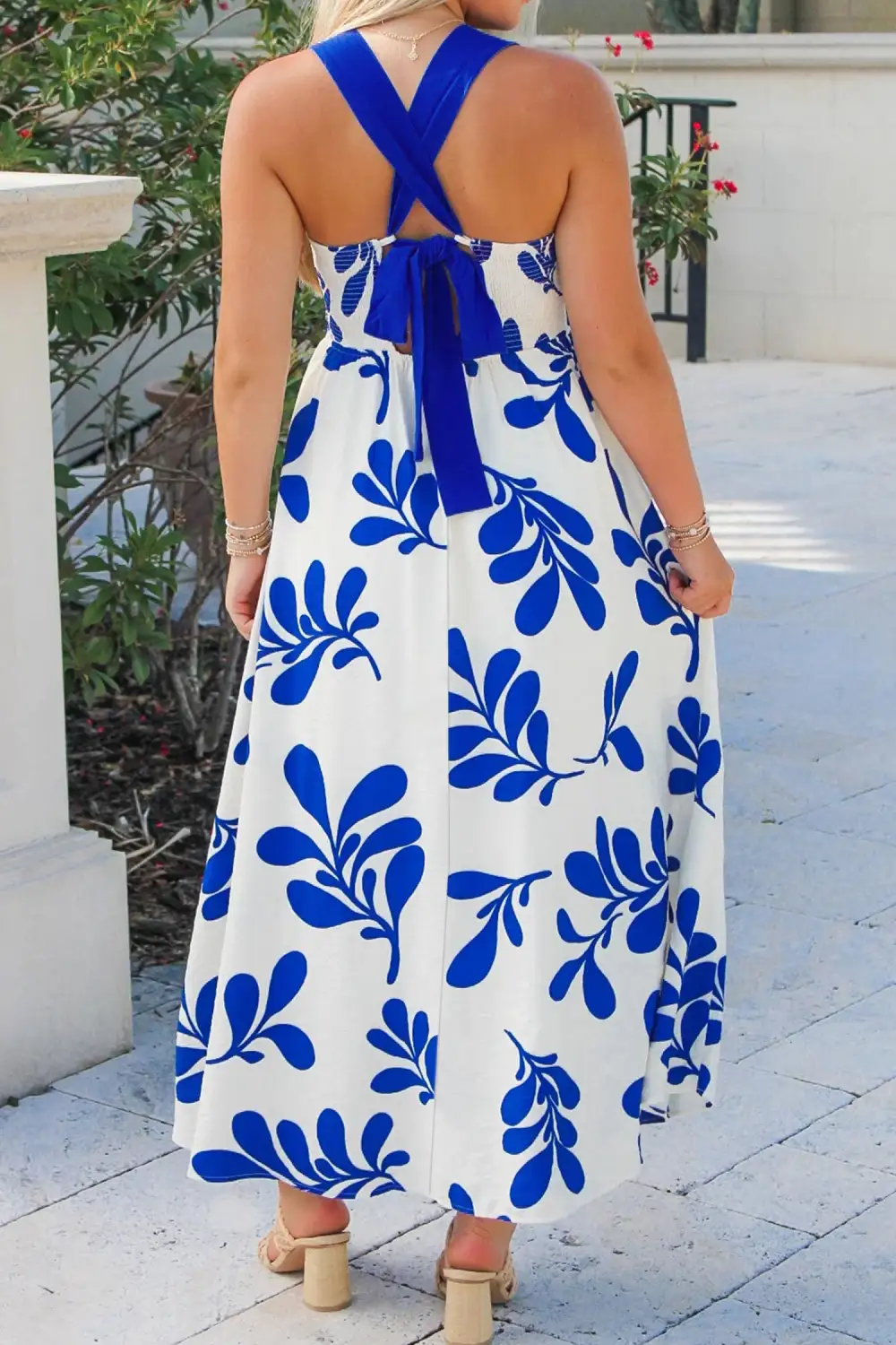 Classic Floral Print Crisscross Tie Back Sleeveless Long Dress