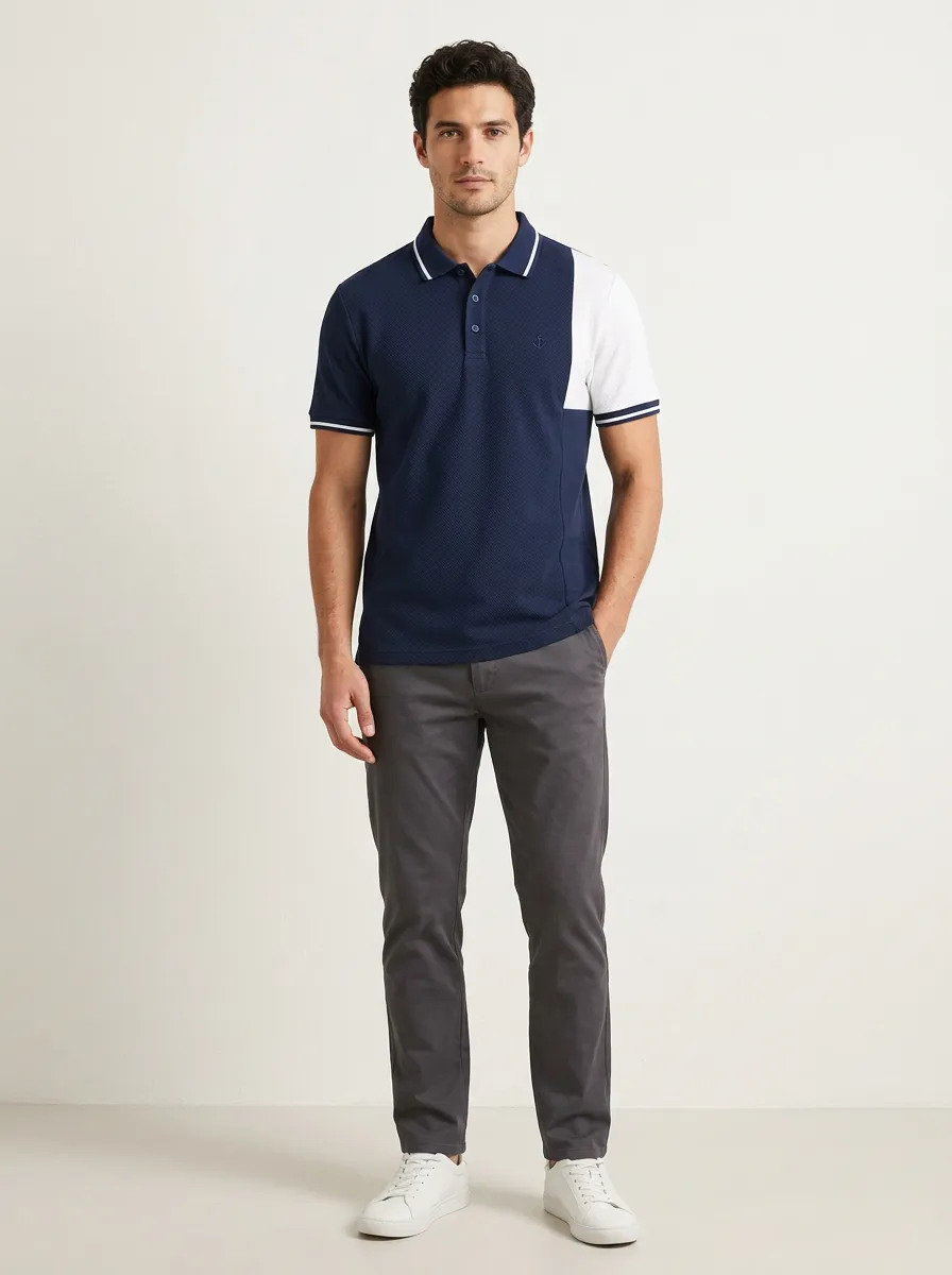 Men's Navy White Colorblock Anchor Embroidered Polo Shirt