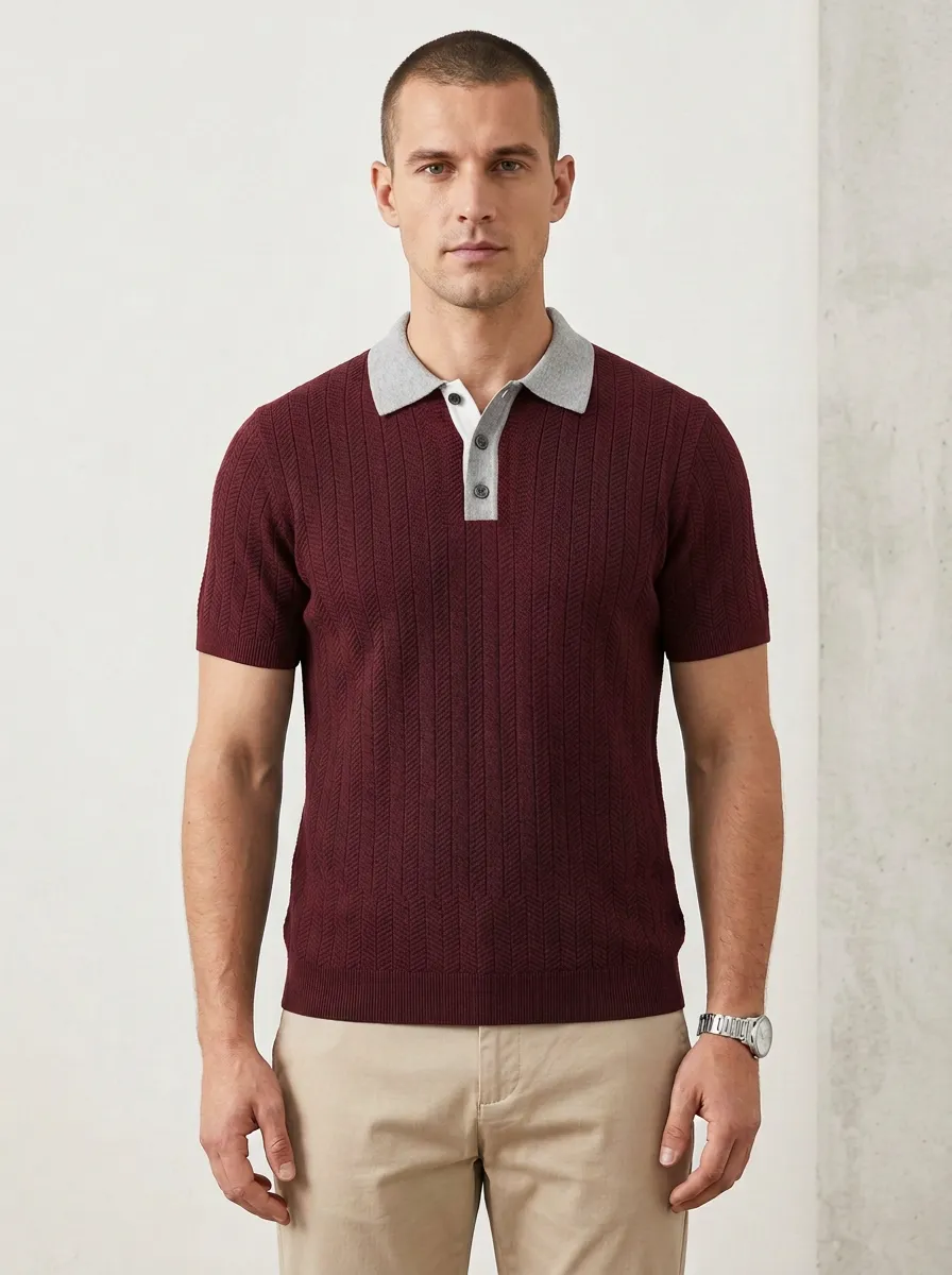 Men's Navy Blue Herringbone Textured Contrast Collar Polo Shirt