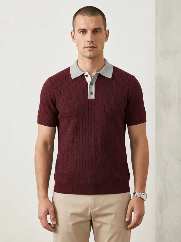 Men's Navy Blue Herringbone Textured Contrast Collar Polo Shirt