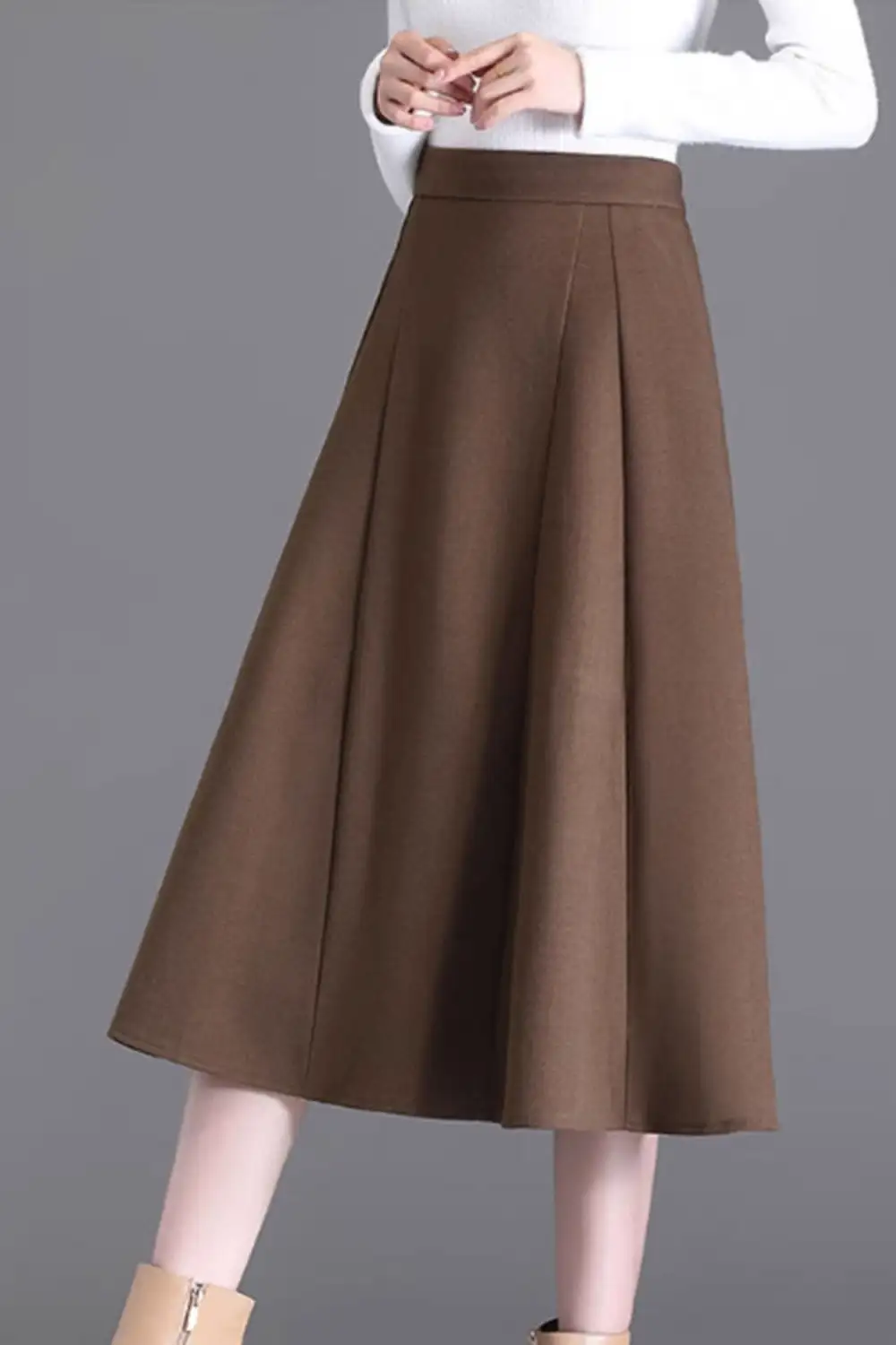 Elevated Wool Blend A Line Elastic Waist Midi Skirt