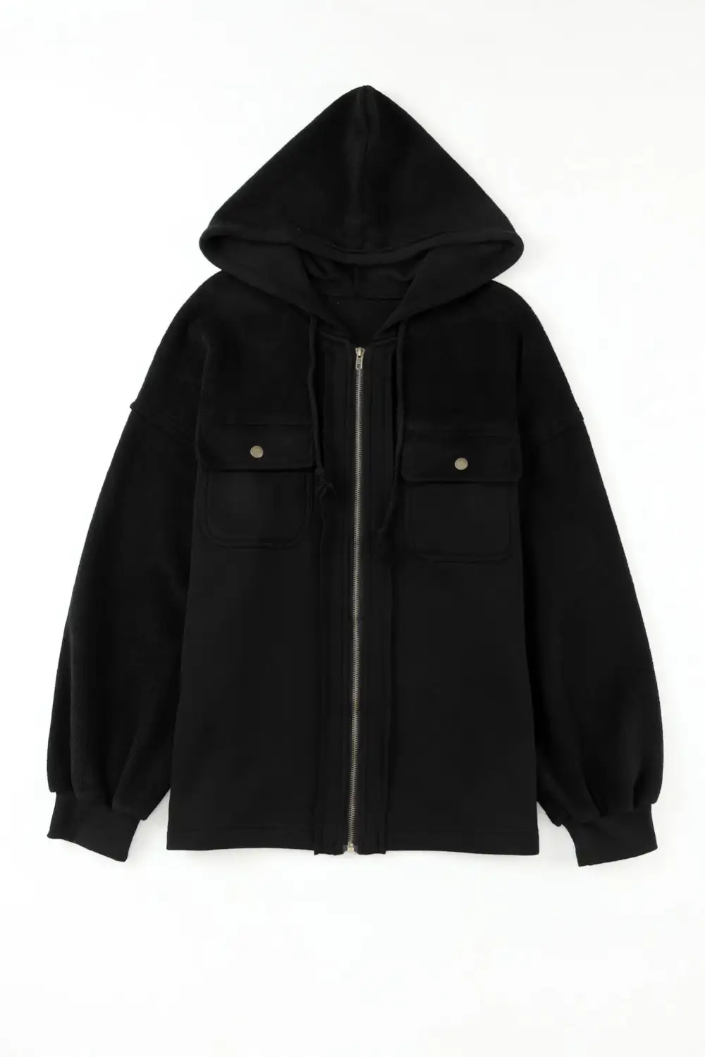 Flap Pocket Drawstring Hood Zip-Up Jacket