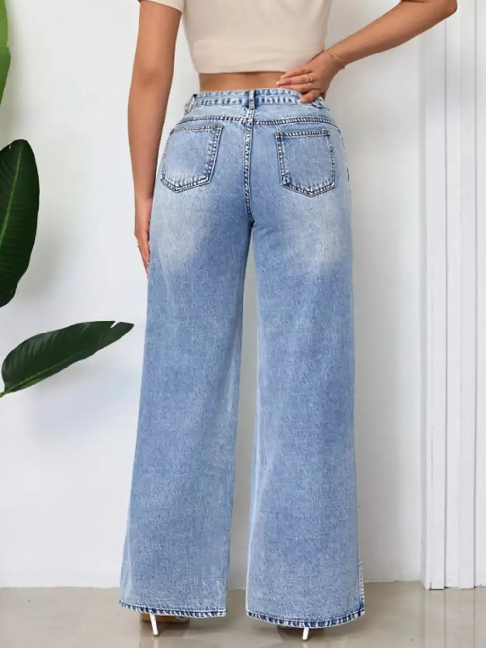 High-Waisted Wide-Leg Jeans With Side Slits
