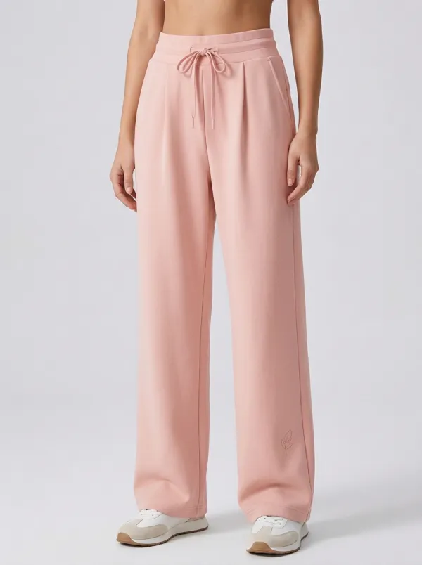 Women's Minimalist Beige Leaf Embroidered Wide Leg Pants