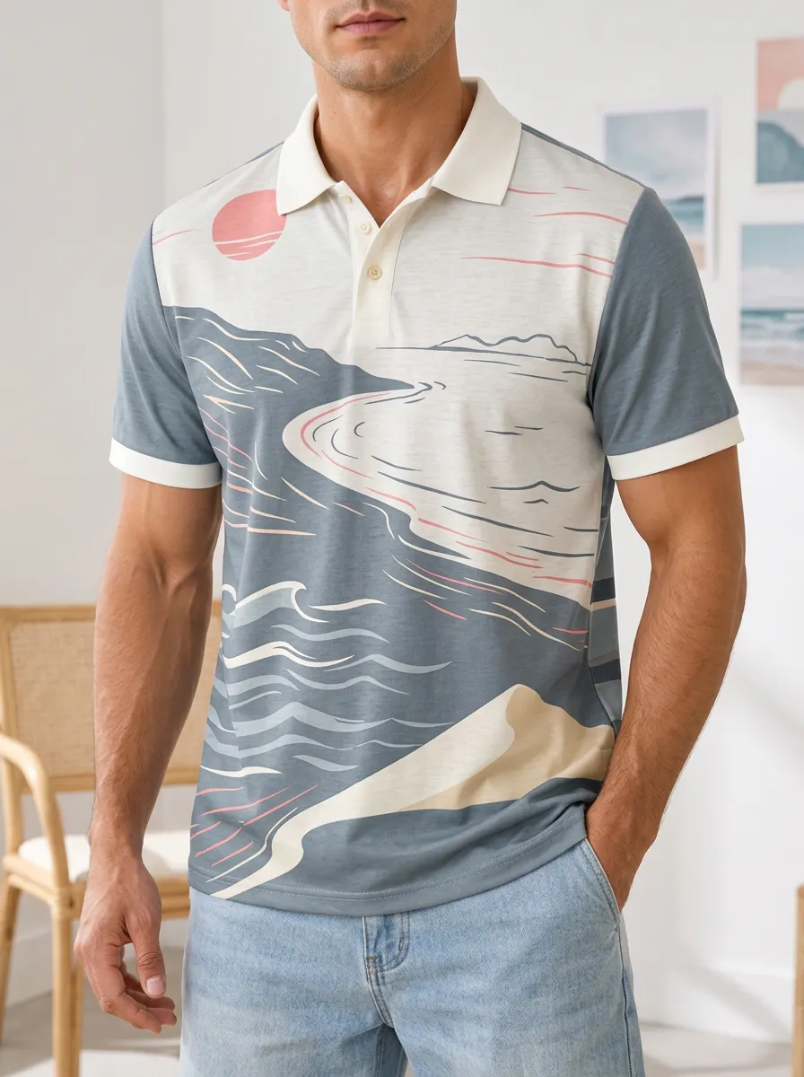 Men's Beach Lover Sunset Ocean Landscape Printed Polo Shirt