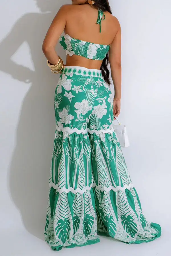 Floral Print Cutout Halter Pant Set