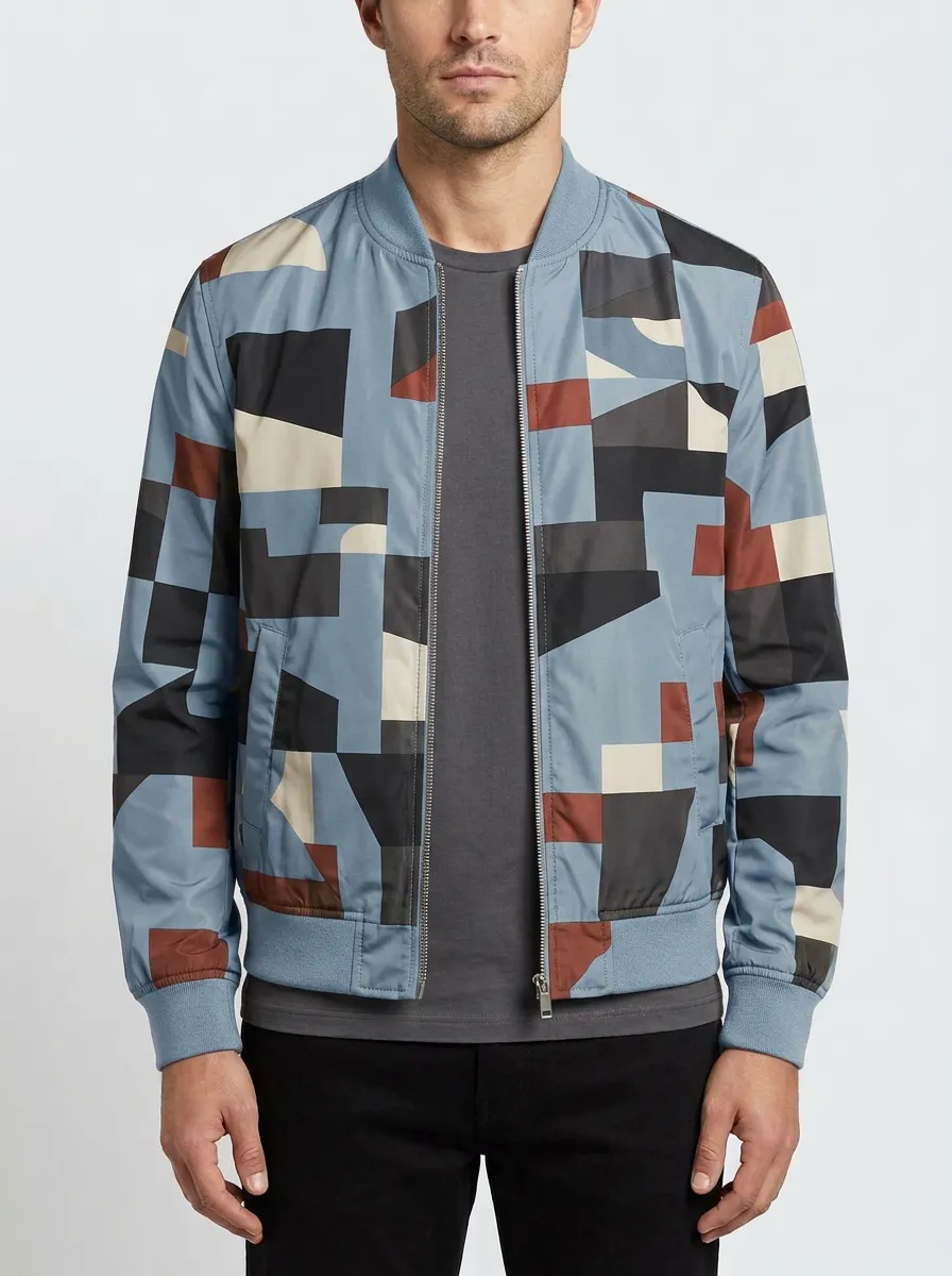 Geometric Print Metal Zip Bomber Jacket