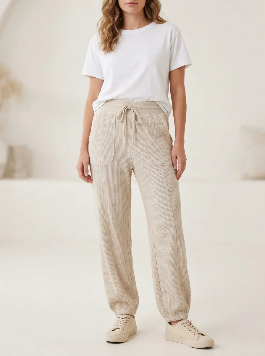 Women's Casual Lounge Waffle Knit Drawstring Jogger Pants