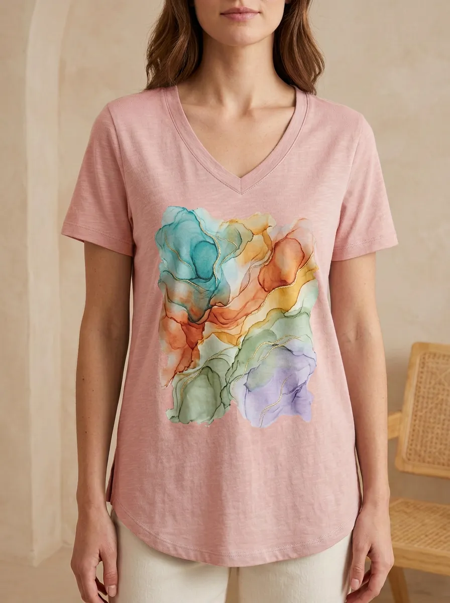 Women's Abstract Art Watercolor Ink Printed V-Neck T-Shirt