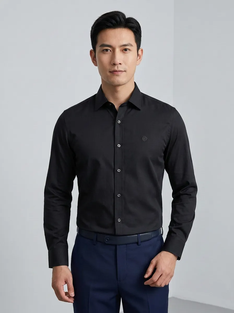 Men's Business Casual Non-Iron Cotton Embroidered Logo Long Sleeve Shirt