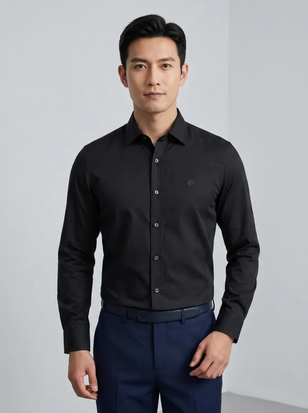 Men's Business Casual Non-Iron Cotton Embroidered Logo Long Sleeve Shirt