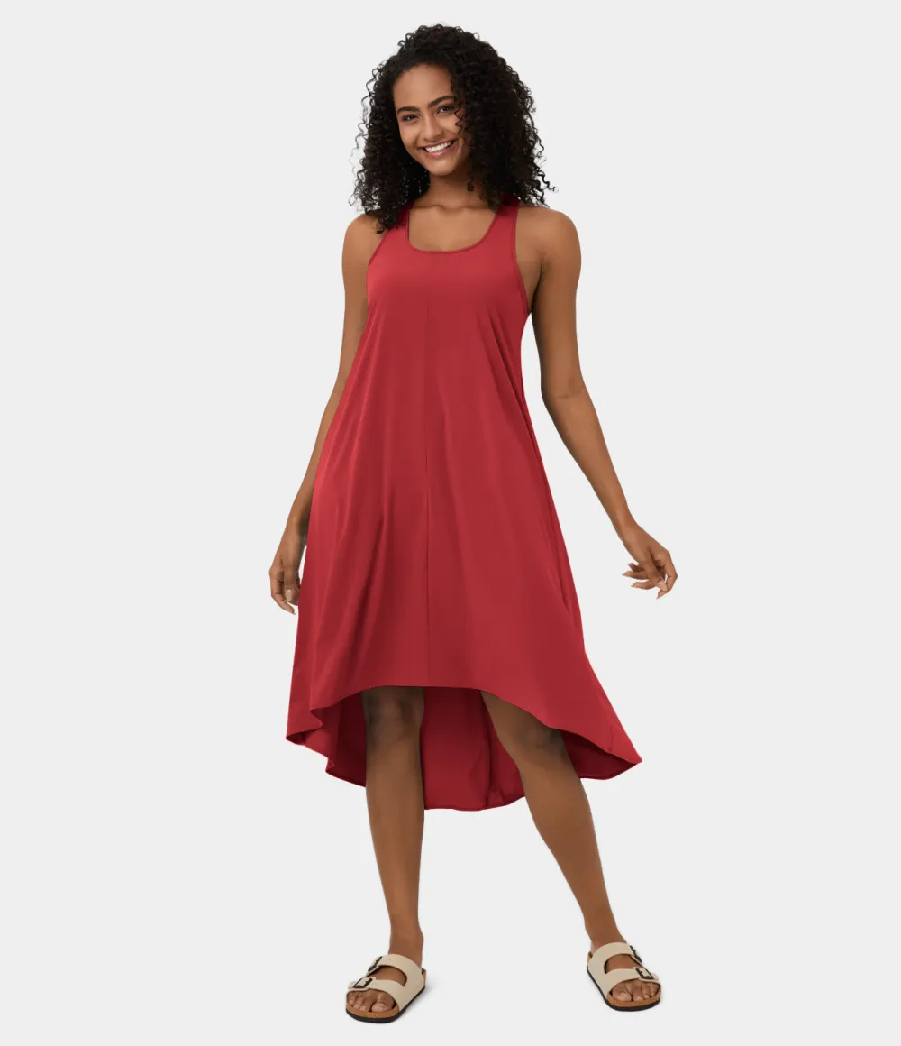 Breezeful Backless Racerback Side Pocket High Low Flowy Midi Quick Dry Casual Dress