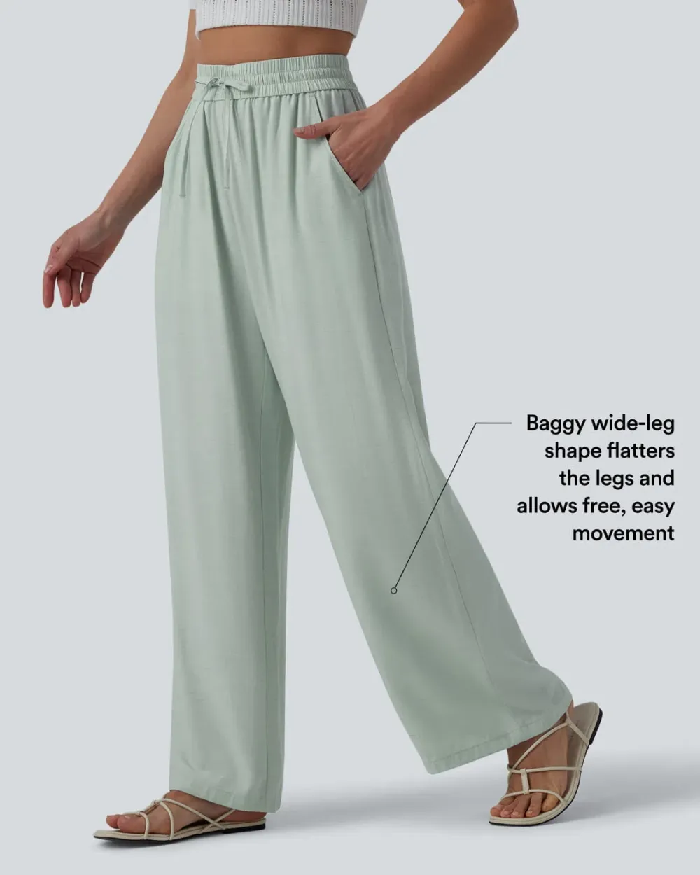 2026🔥High Waisted Drawstring Wide Leg Casual Linen-Blend Trousers with Pockets