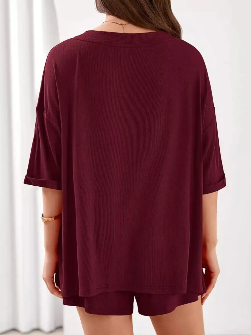 Casual Solid Color V Neck Top and Shorts Set