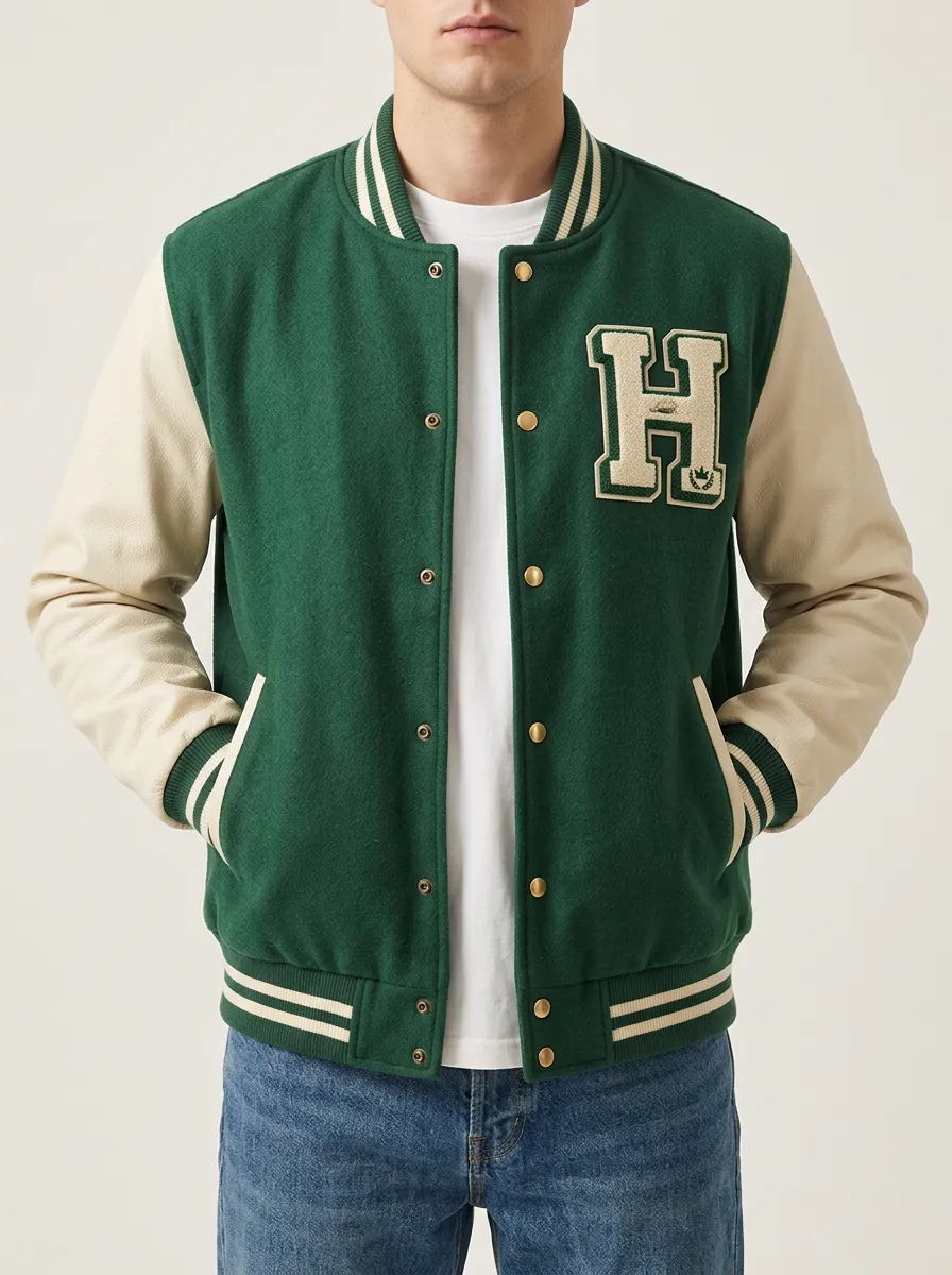 Men's Letter H Green & Cream Wool Baseball Jacket