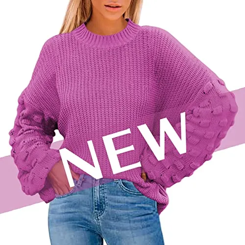Women's Cute Oversized Crewneck Loose Puff Sleeves Chunky Knit Pullover Sweater