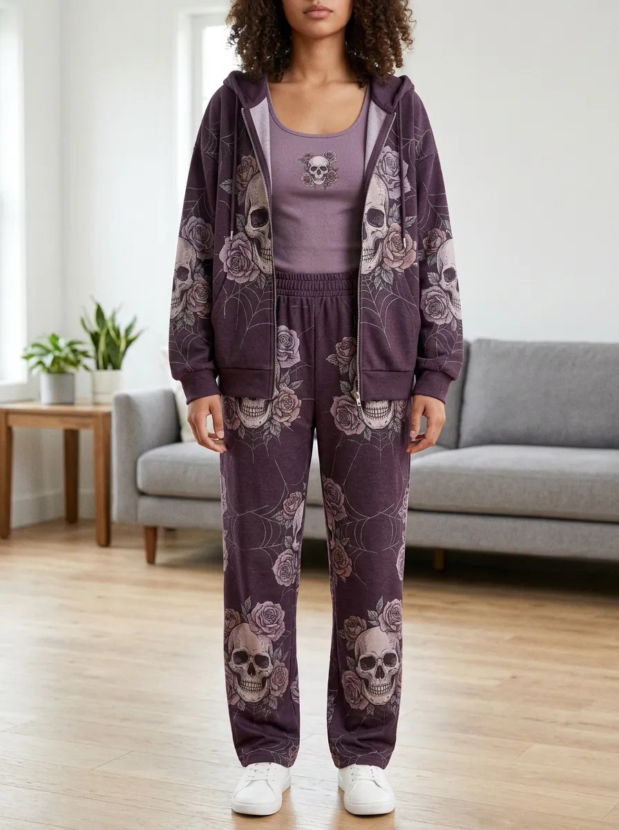 Women's Halloween Gothic Skull Rose Printed Zip Hoodie Jogger Set