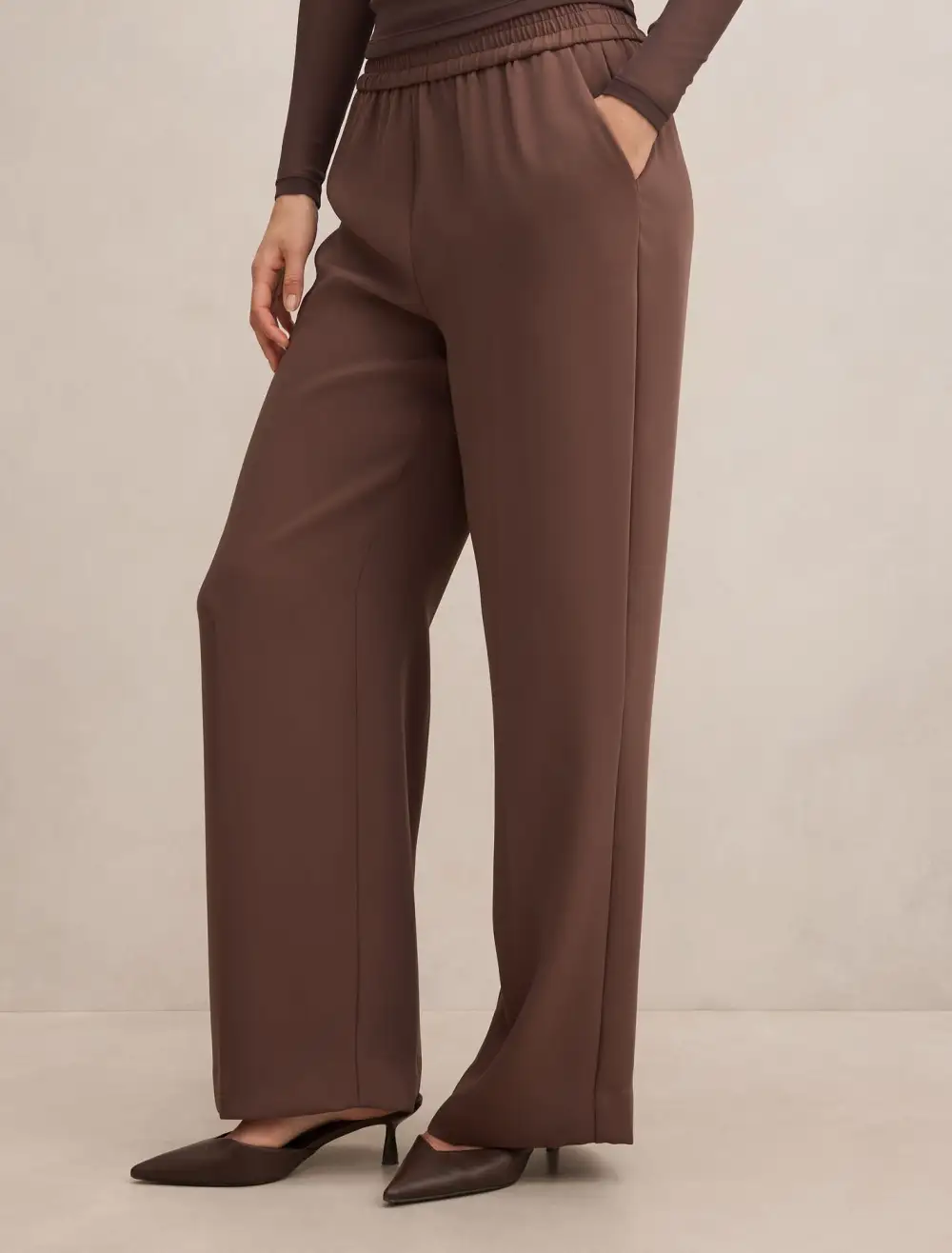 Dusty Brown Elastic Waist Wide Leg Pants