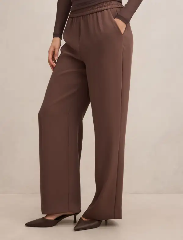 Dusty Brown Elastic Waist Wide Leg Pants